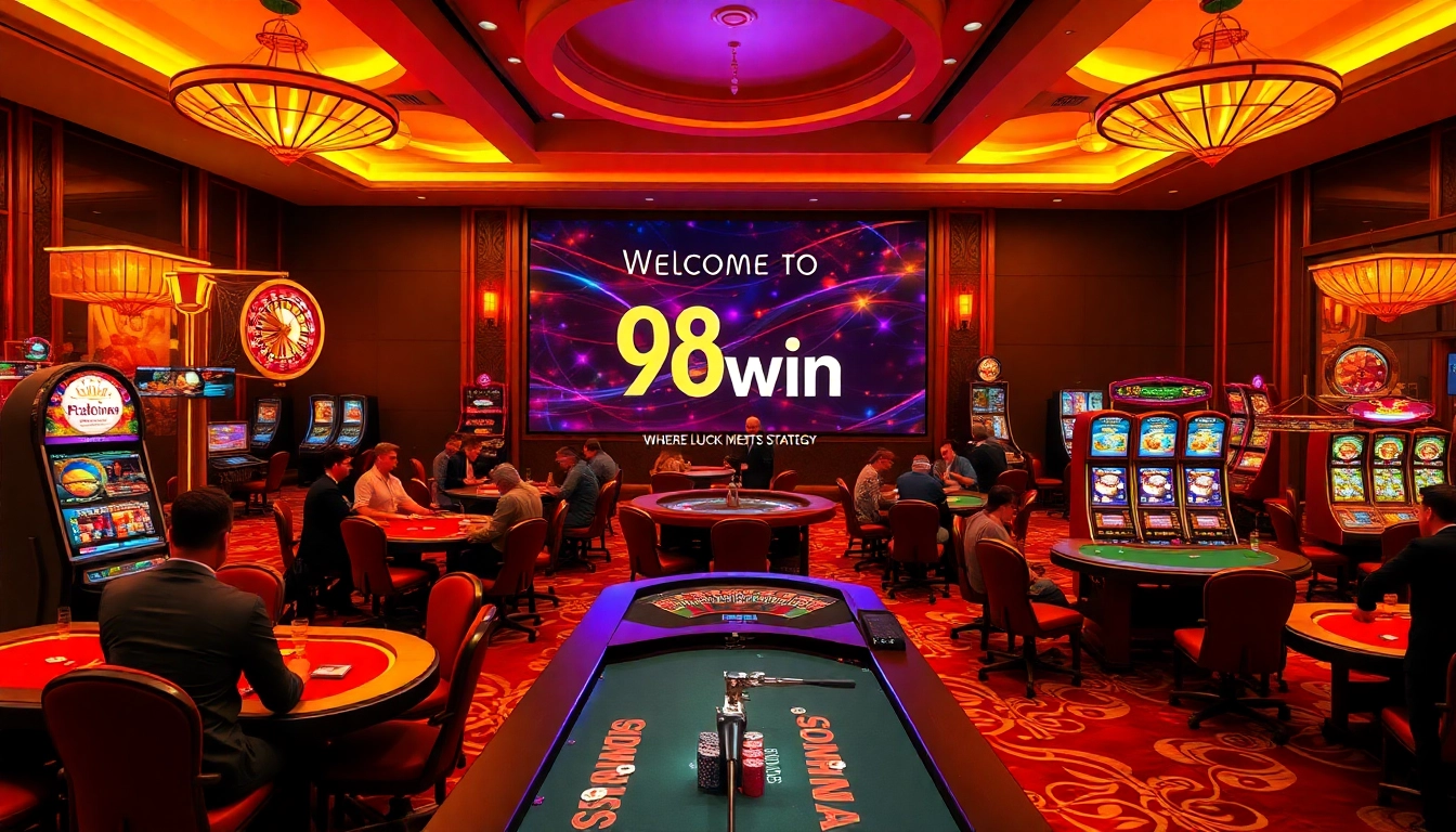 Casino scene showcasing 98win excitement with players at tables and slot machines